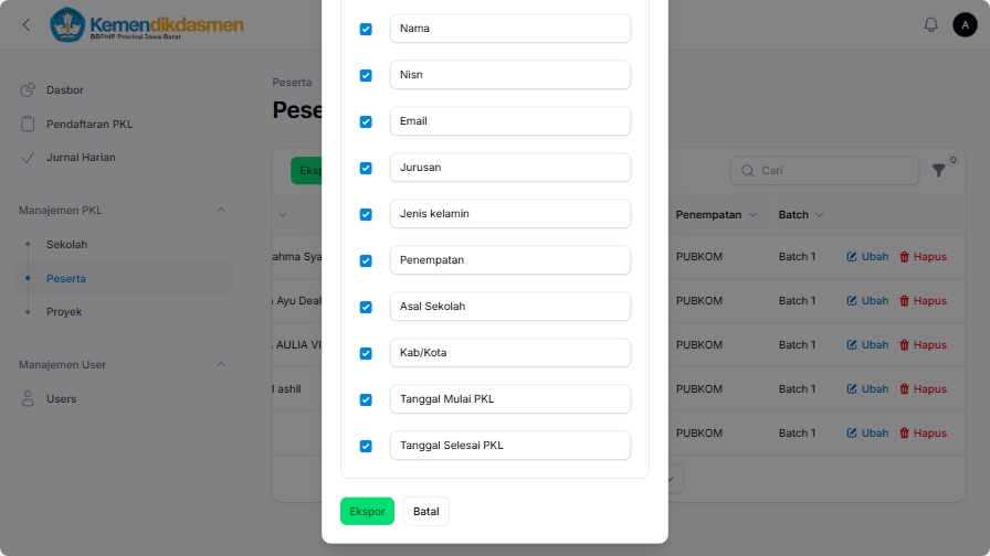 Pop up pilih kolom ekspor